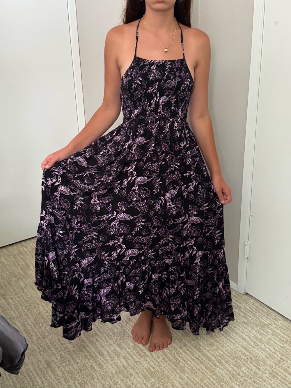 Free People Black & Lavender Floral Halter Maxi Dress